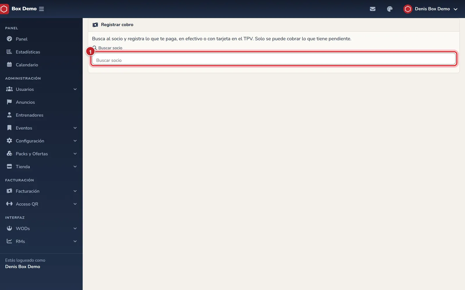 Pantalla de registrar cobros con el buscador de socio señalado
