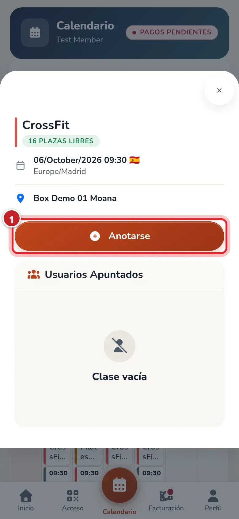 Ficha de una clase en el móvil con el nombre, las plazas libres, la hora, la sede y el botón Anotarse señalado