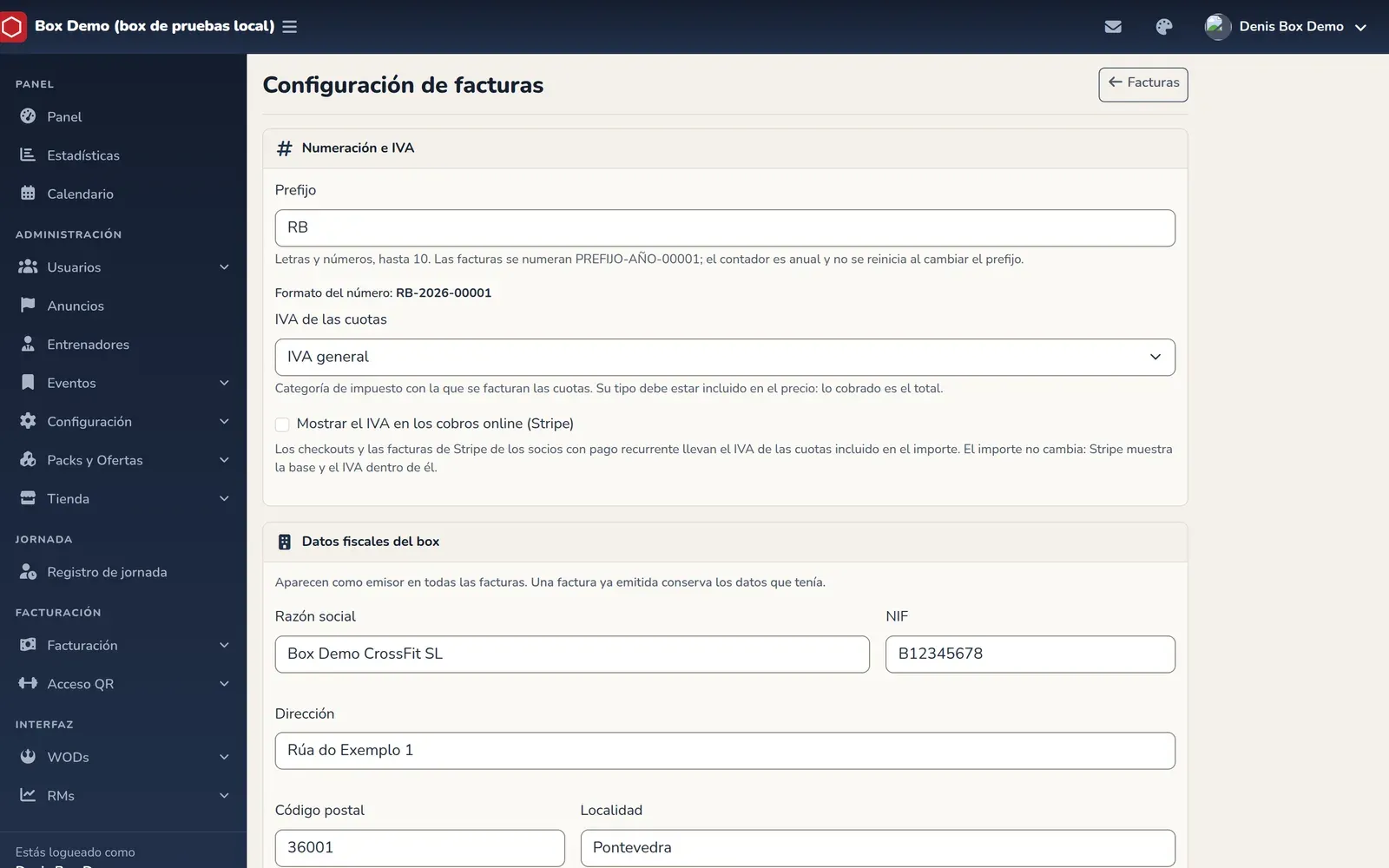 Configuração de faturas com o prefixo RB, o formato do número RB-2026-00001, o IVA das mensalidades, a caixa para mostrar o IVA nos pagamentos online e os dados fiscais do box