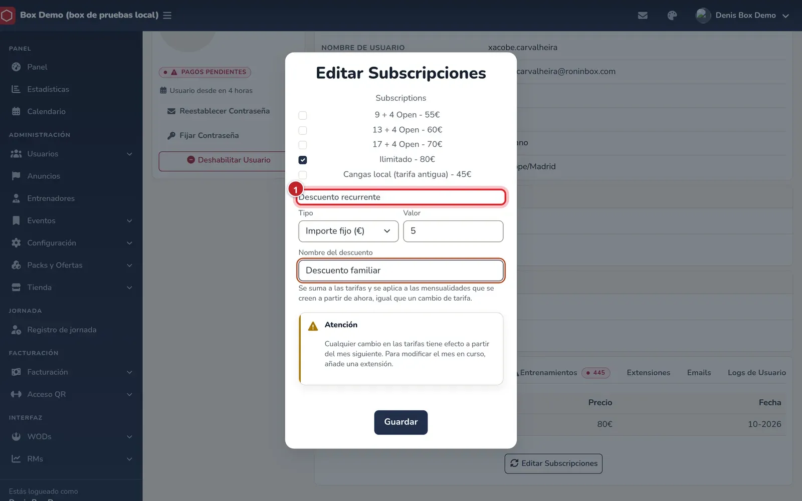 Ventana Editar Subscripciones con la tarifa Ilimitado marcada y el apartado Descuento recurrente con tipo Importe fijo, valor 5 y nombre Descuento familiar, señalado con el número 1