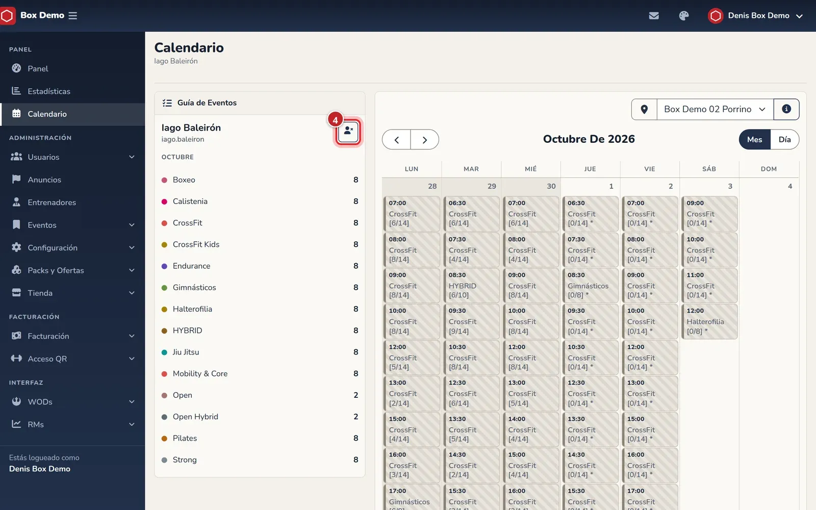 Calendario visto como un socio, con su nombre en la cabecera y el icono para dejar de impersonar