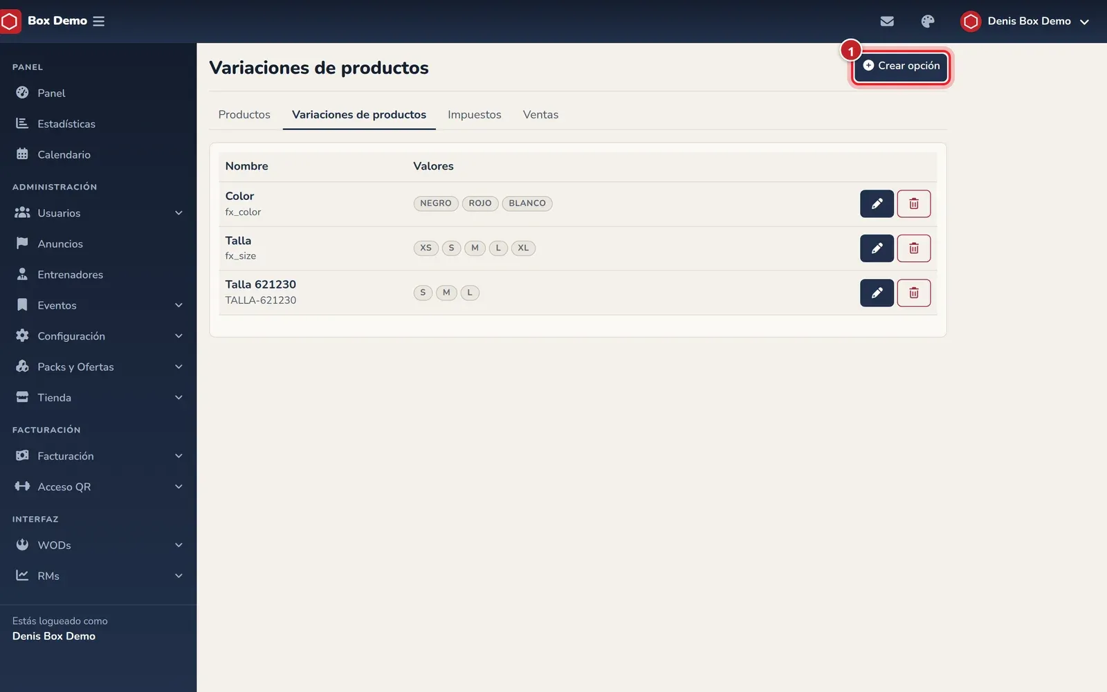 Lista de variaciones de productos con Color y Talla y sus valores, y el botón Crear opción señalado