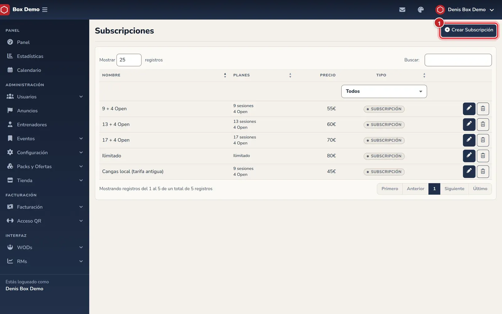 Lista de tarifas con el botón Crear Subscripción señalado