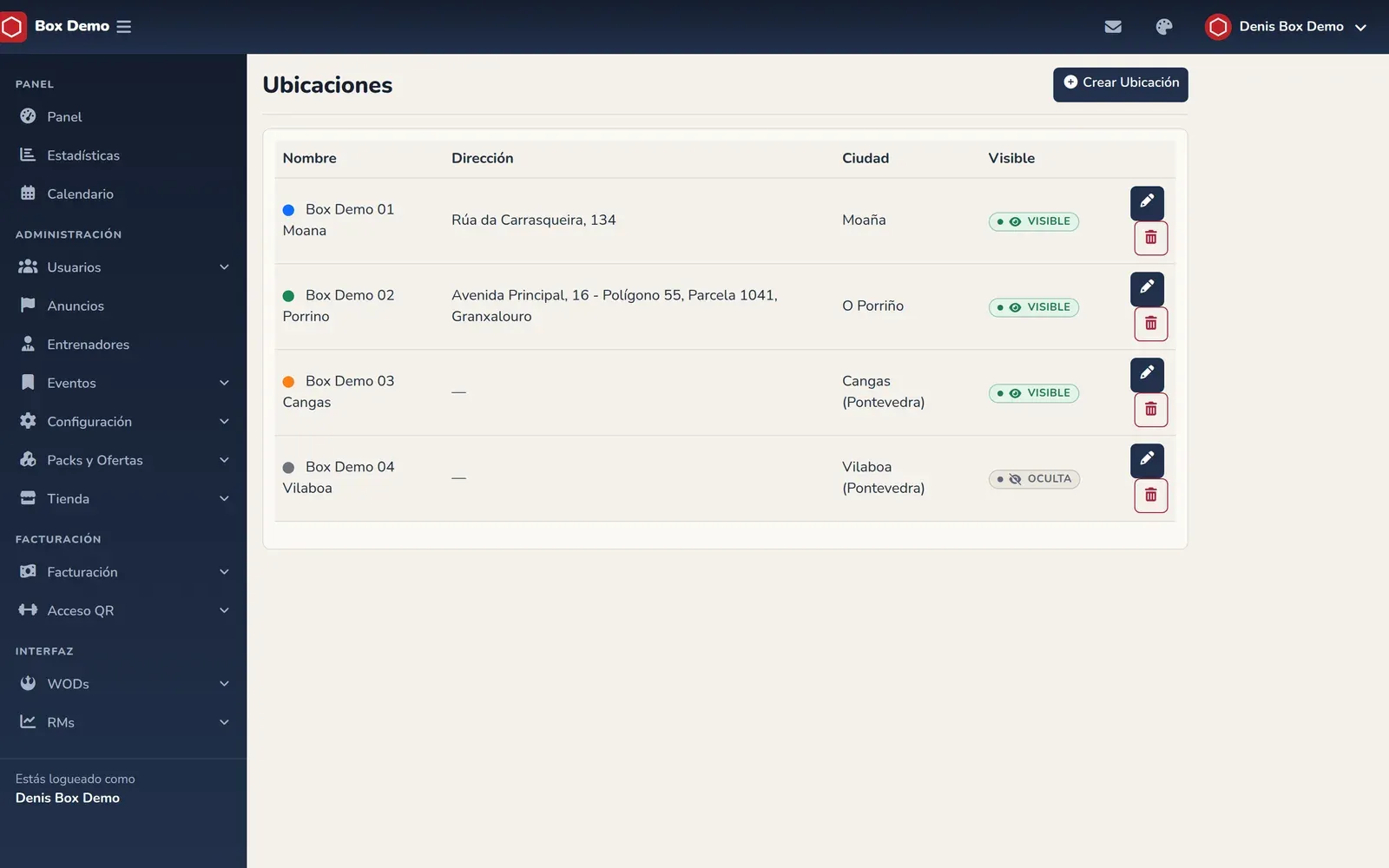Lista de ubicaciones con nombre, dirección, ciudad y si es visible u oculta