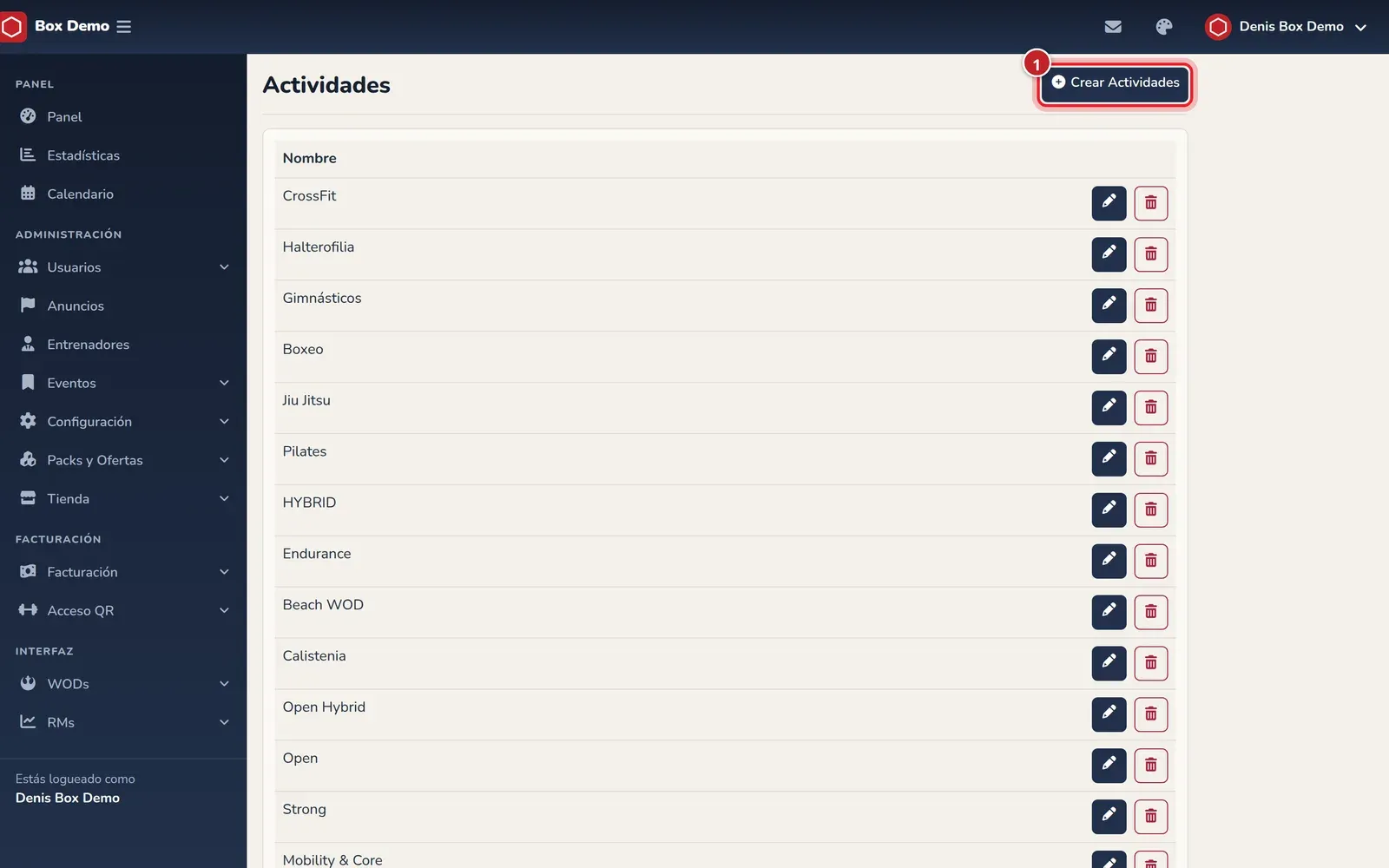 Lista de actividades con el botón Crear Actividades señalado