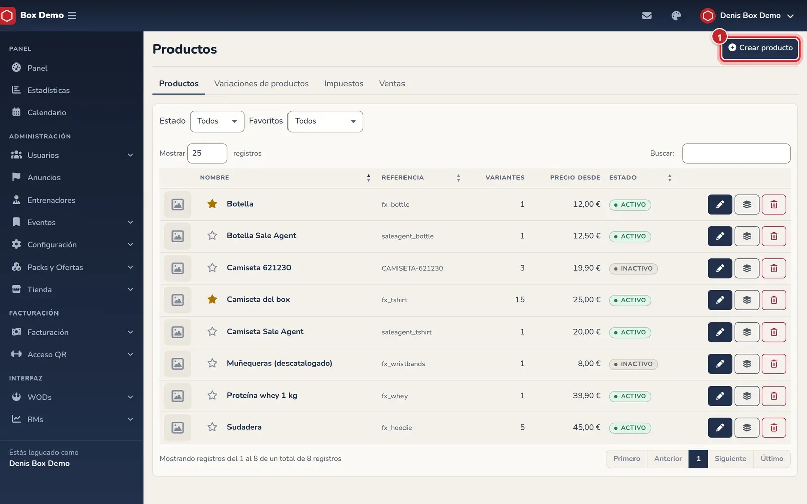 Lista de productos con el botón Crear producto señalado, filtros de estado y favoritos, y estrellas de favorito