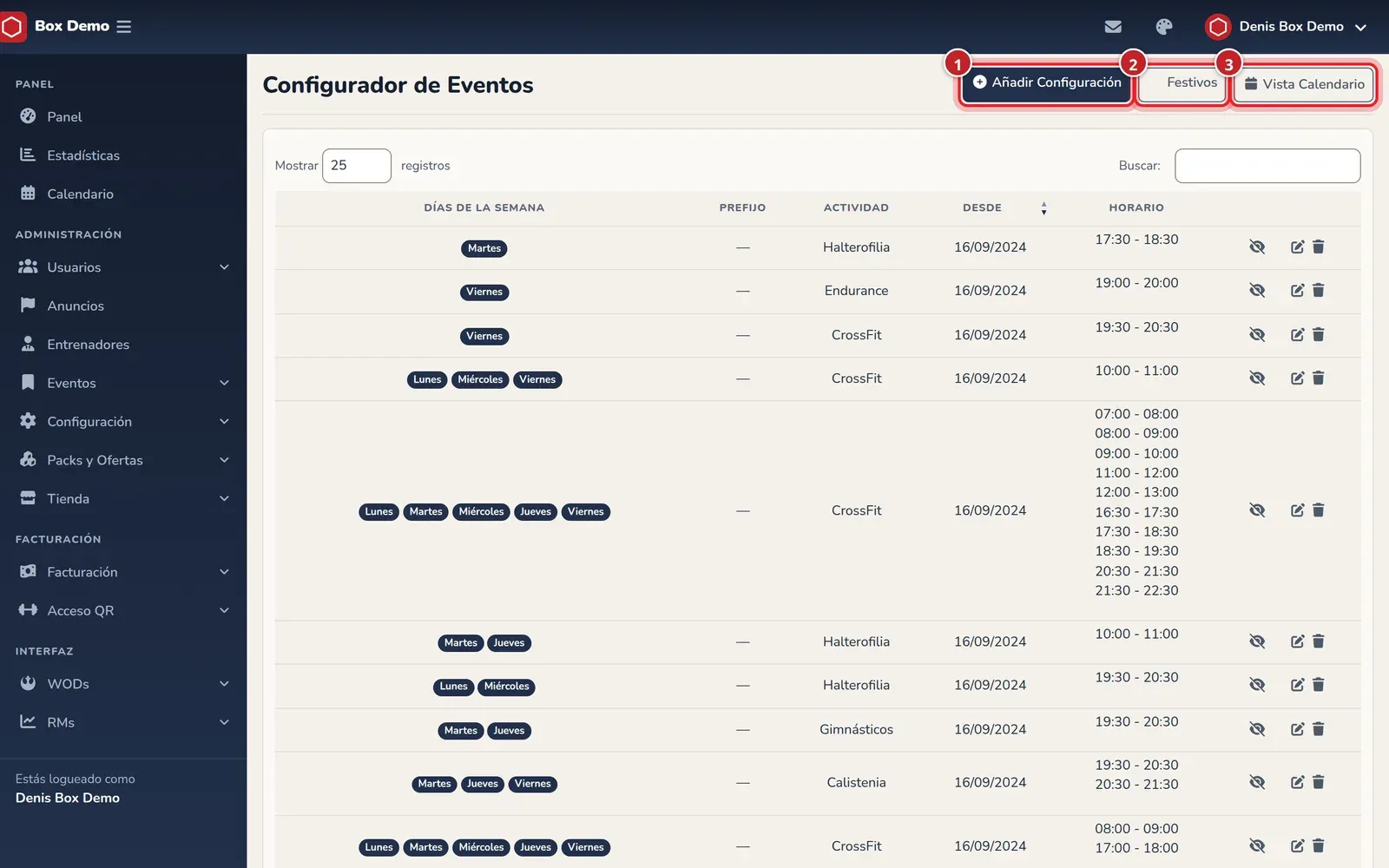 Lista de reglas del horario con los botones Añadir Configuración, Festivos y Vista Calendario señalados