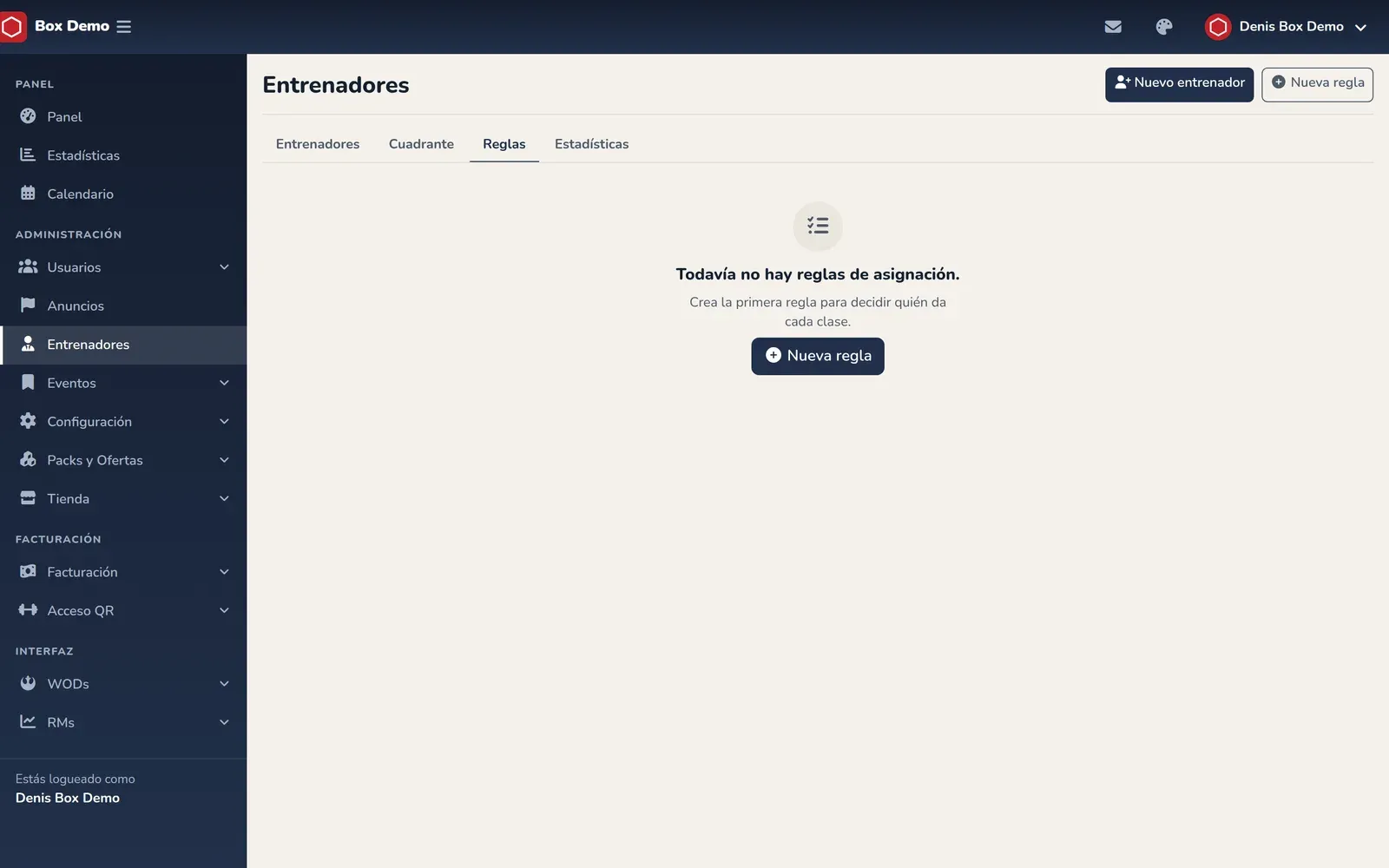 Lista de reglas de entrenadores con actividad, días, horario, vigencia, entrenadores y un interruptor de activa