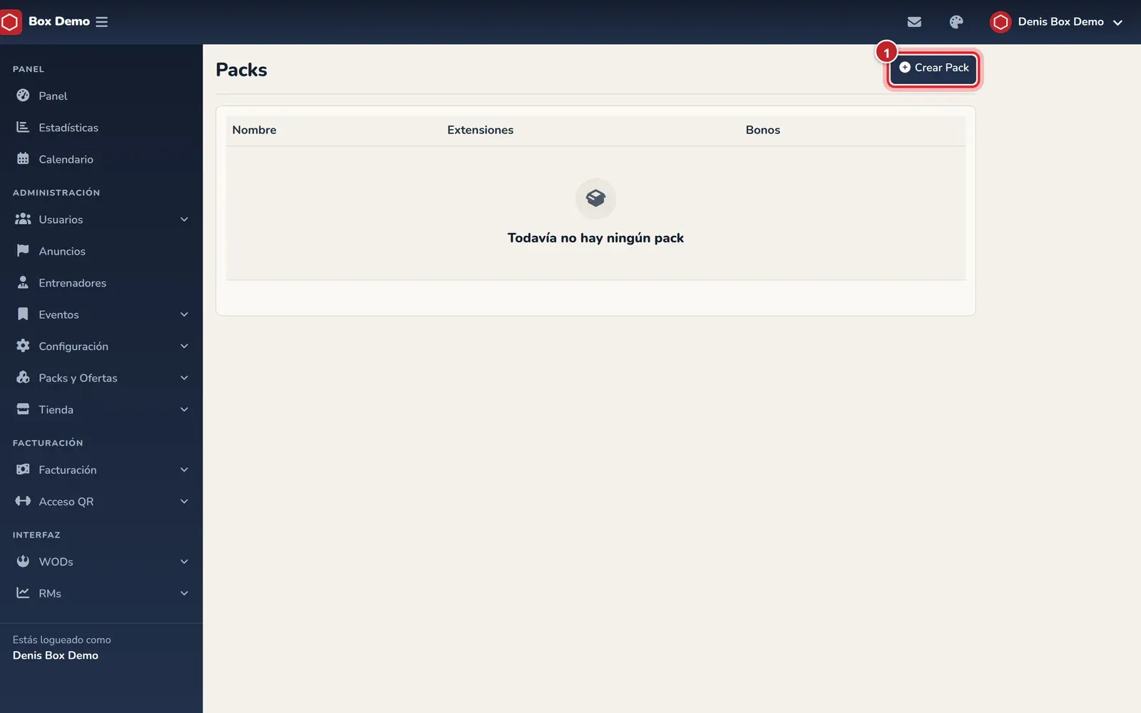 Lista de packs, vacía en este box de demostración, con el botón Crear Pack señalado