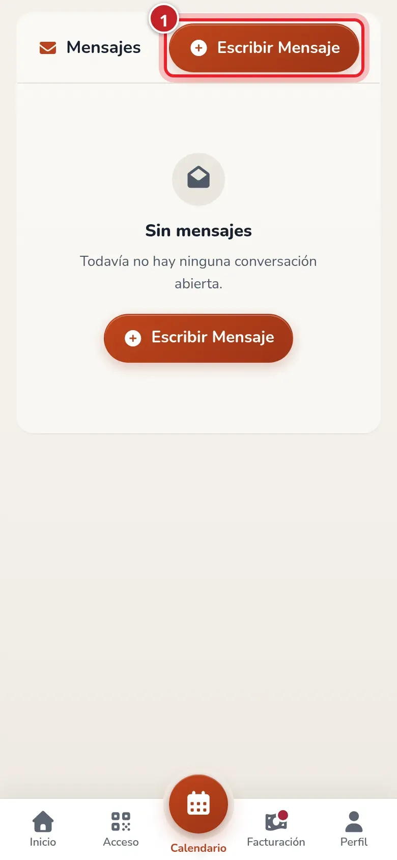 Pantalla Mensajes en el móvil sin conversaciones, con el botón Escribir Mensaje señalado