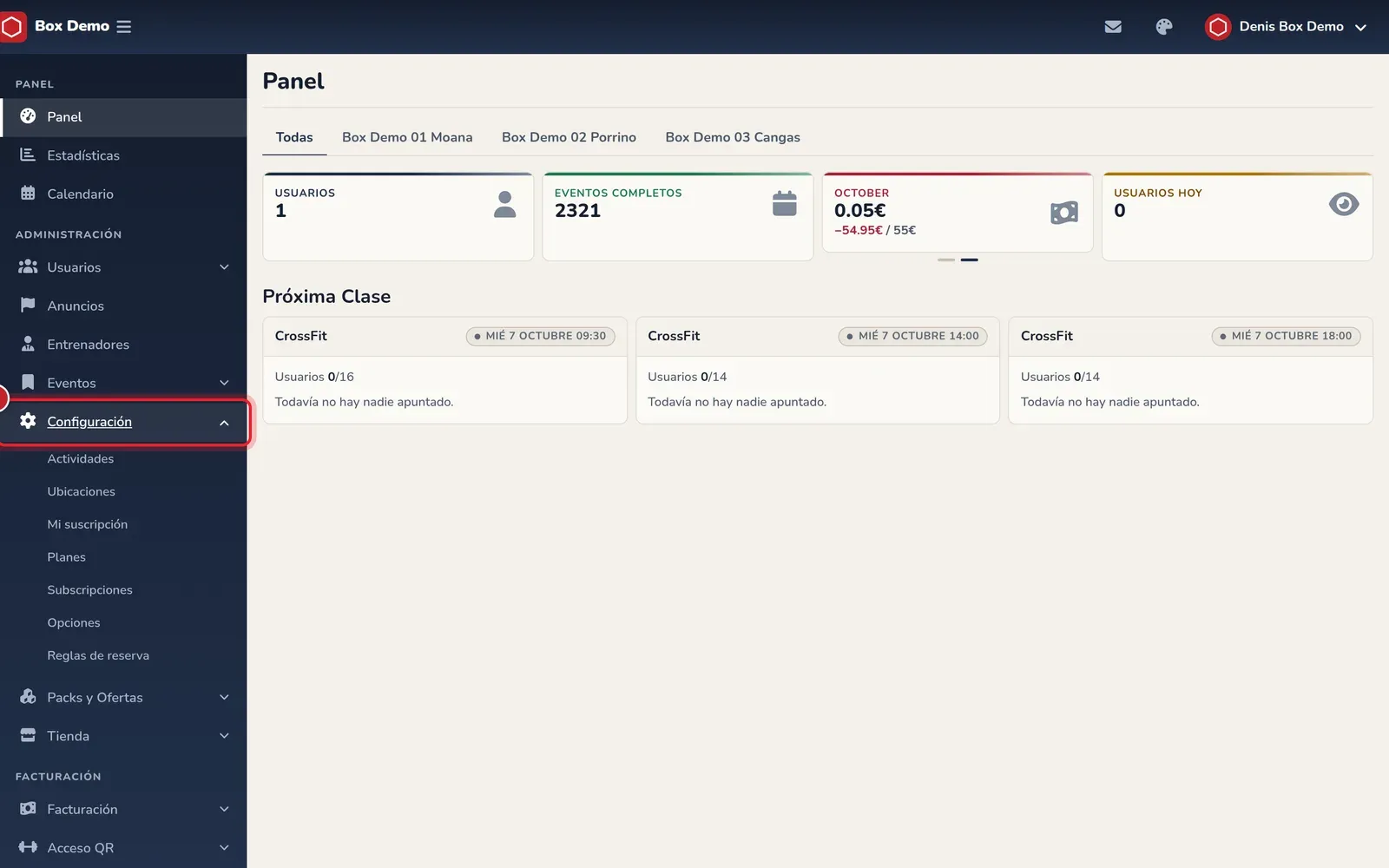 Panel de administración con el menú lateral y la sección Configuración desplegada: Actividades, Ubicaciones, Mi suscripción, Planes, Subscripciones, Opciones y Reglas de reserva