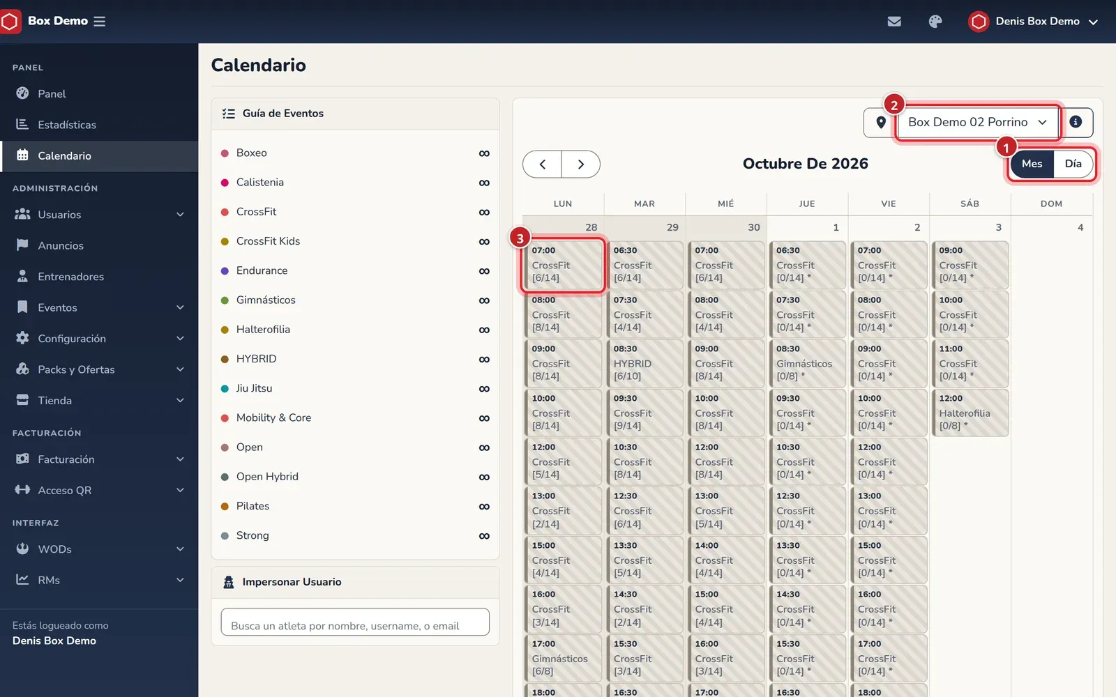 Calendário em vista de mês com as aulas de cores, o seletor de vistas, o seletor de localização e uma aula assinalada