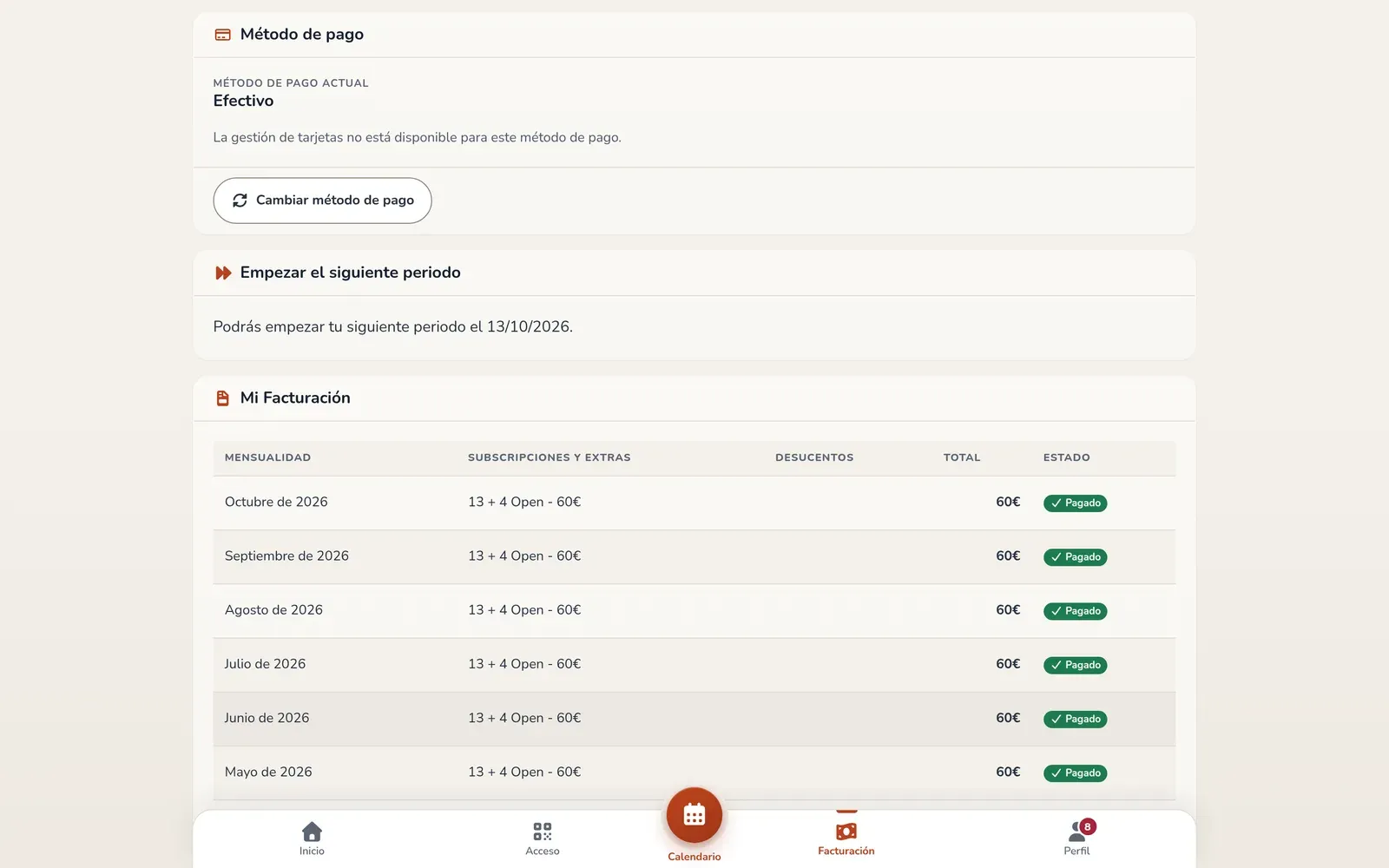 Pantalla Mi facturación de un socio, con la tarjeta del método de pago y la lista de mensualidades con su estado