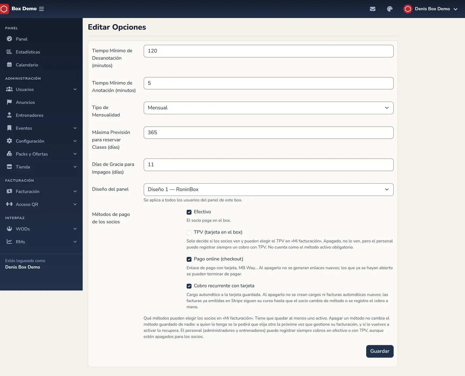 Pantalla de opciones con los campos de tiempo mínimo de anotación y desanotación, tipo de mensualidad, previsión, días de gracia y diseño del panel