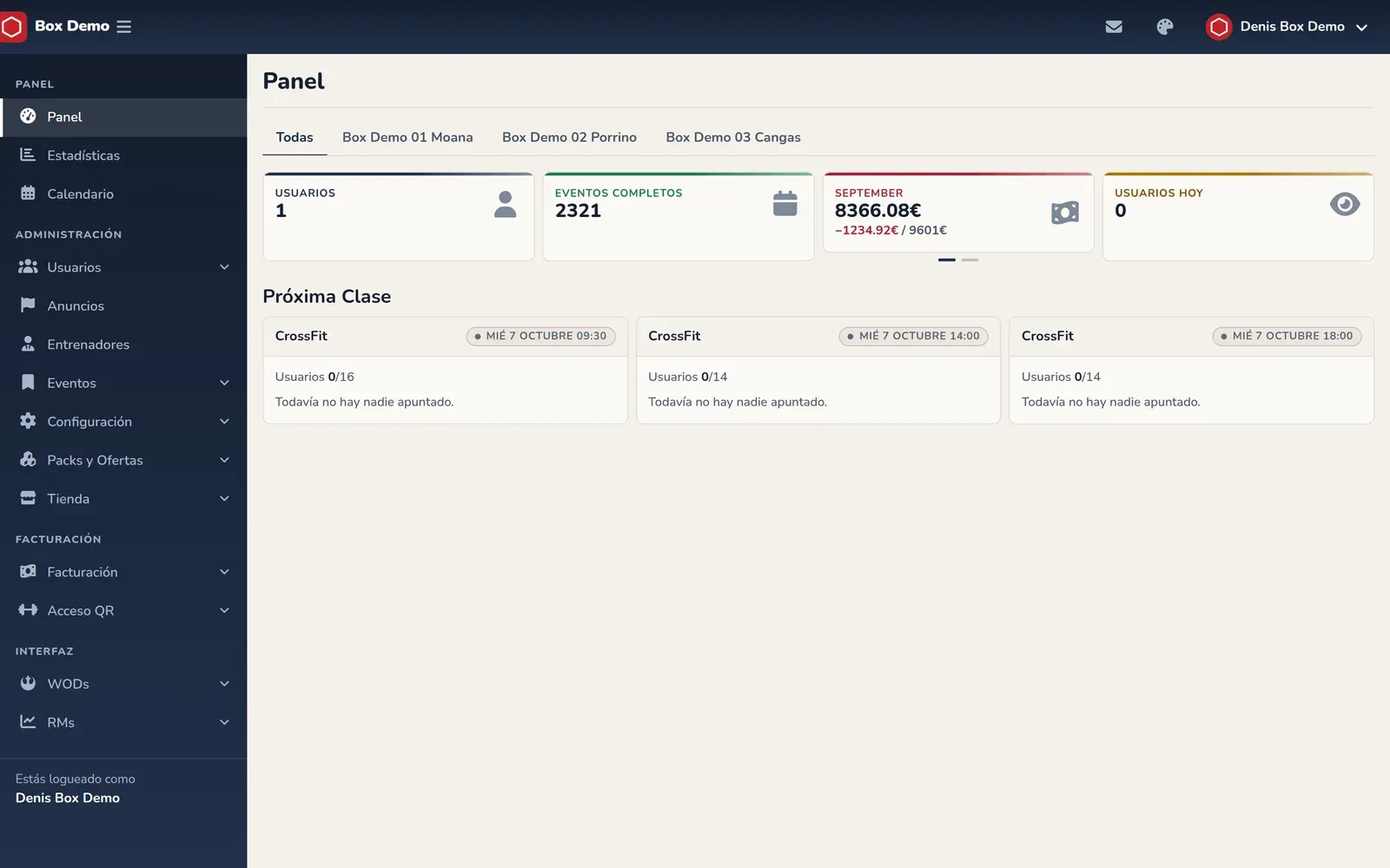 Panel de administración con las pestañas Todas y una por sede, cuatro tarjetas (Usuarios, Eventos completos, recaudación del mes y Usuarios Hoy) y el bloque Próxima Clase vacío