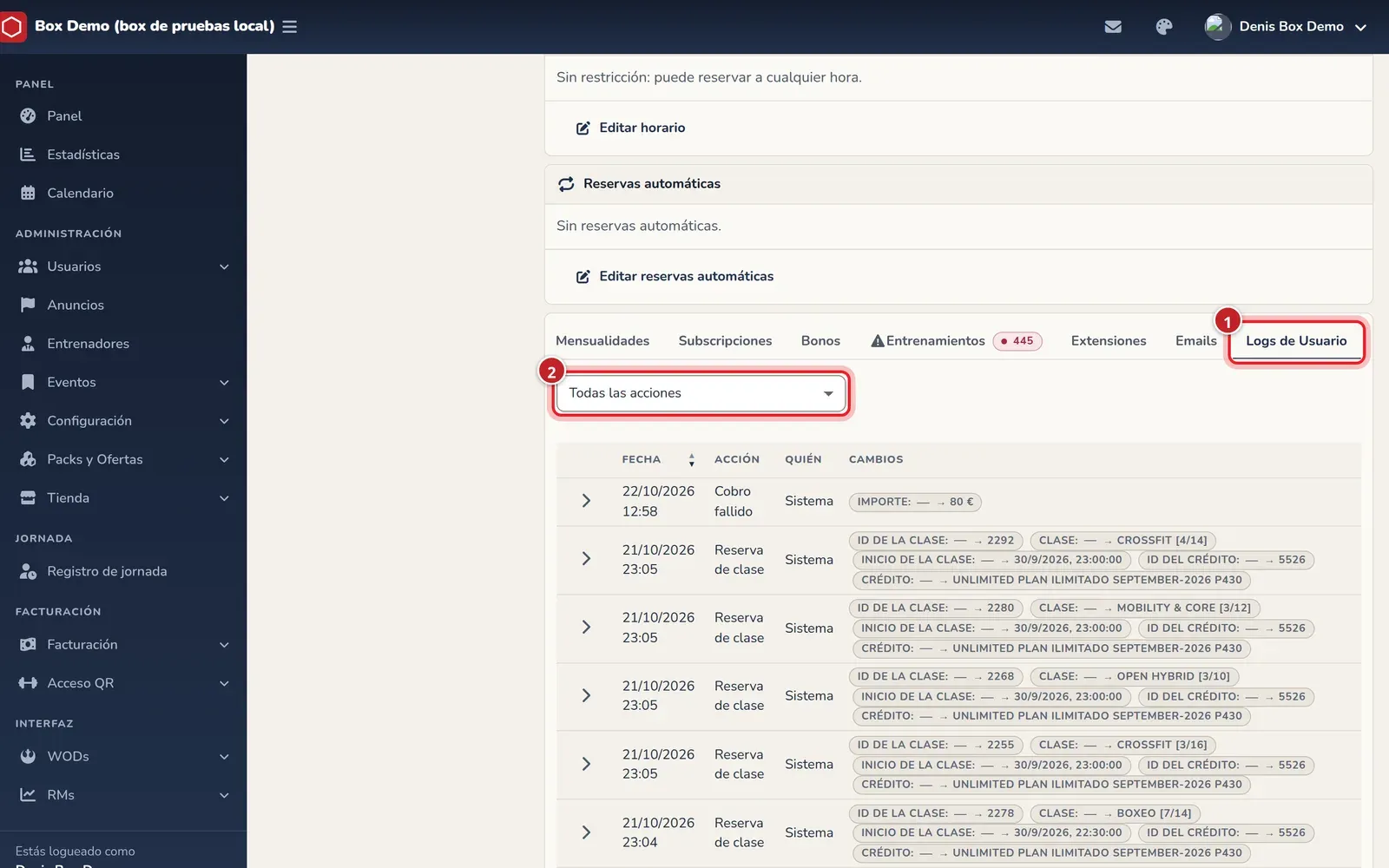 Ficha de un socio con la pestaña Logs de Usuario abierta, el filtro Todas las acciones y la tabla con las columnas Fecha, Acción, Quién y Cambios, señalados con los números 1 y 2
