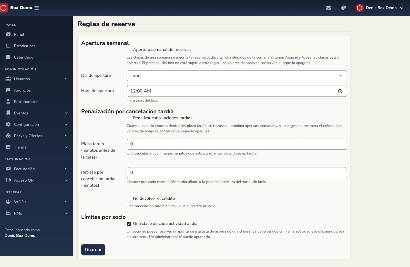 Pantalla de reglas de reserva con dos bloques: apertura semanal (día y hora) y penalización por cancelación tardía (plazo, retraso y no devolver el crédito)