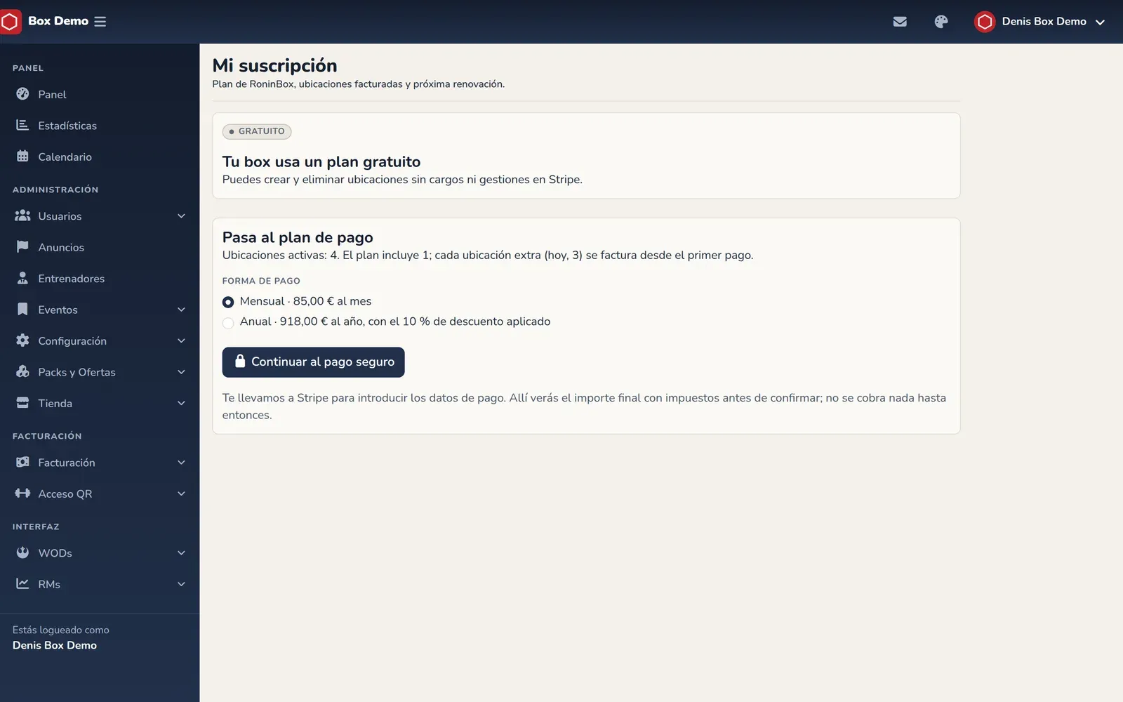 Pantalla Mi suscripción de un box con plan gratuito
