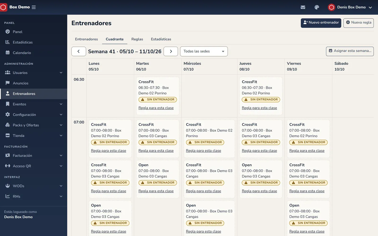 Cuadrante semanal con las clases de cada día; en este box de demostración todas muestran Sin entrenador