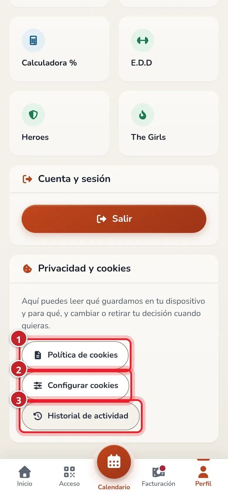 Tarjeta Privacidad y cookies de Perfil con los botones Política de cookies, Configurar cookies e Historial de actividad numerados del 1 al 3