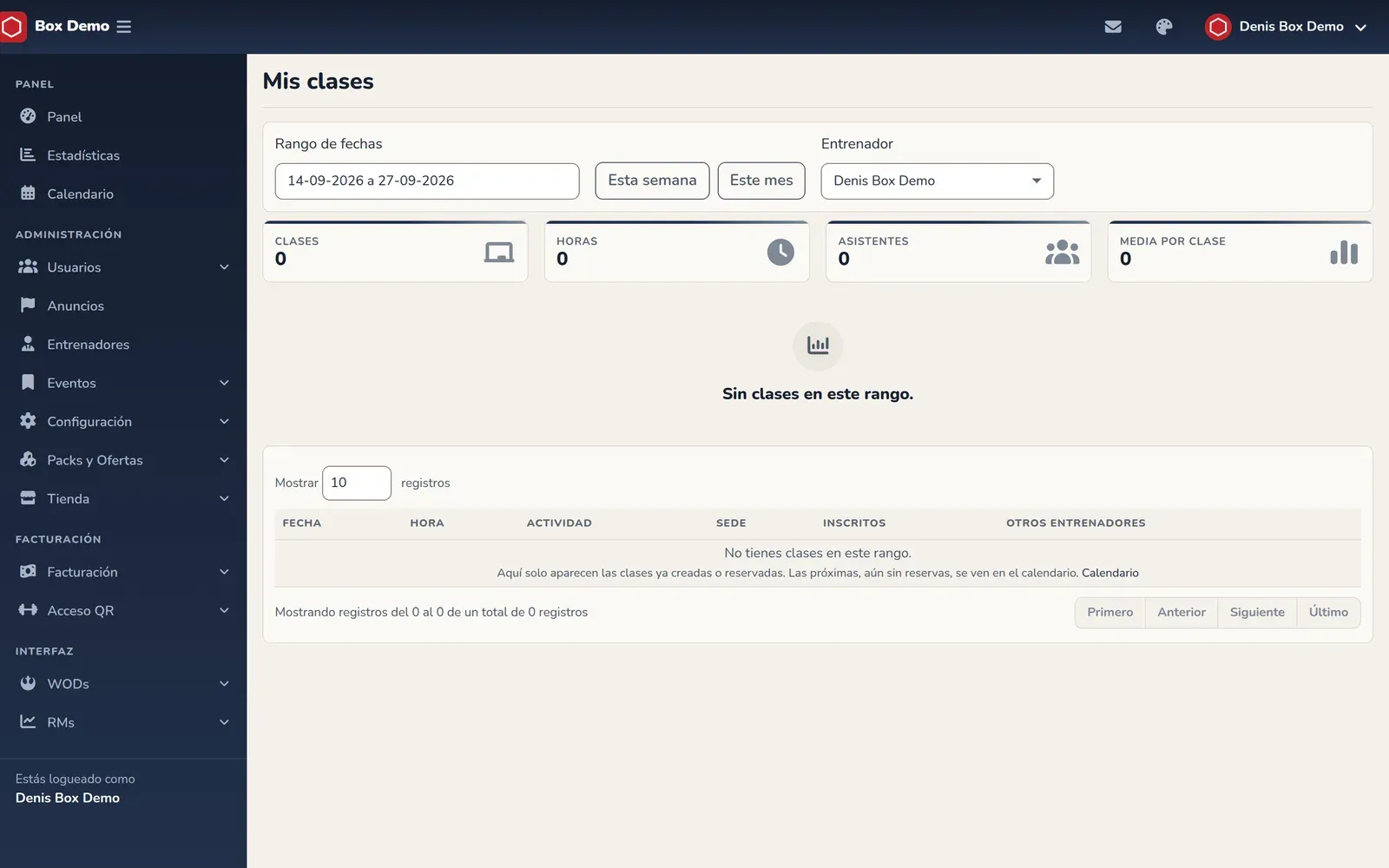 Pantalla Mis clases de un administrador con el selector de entrenador