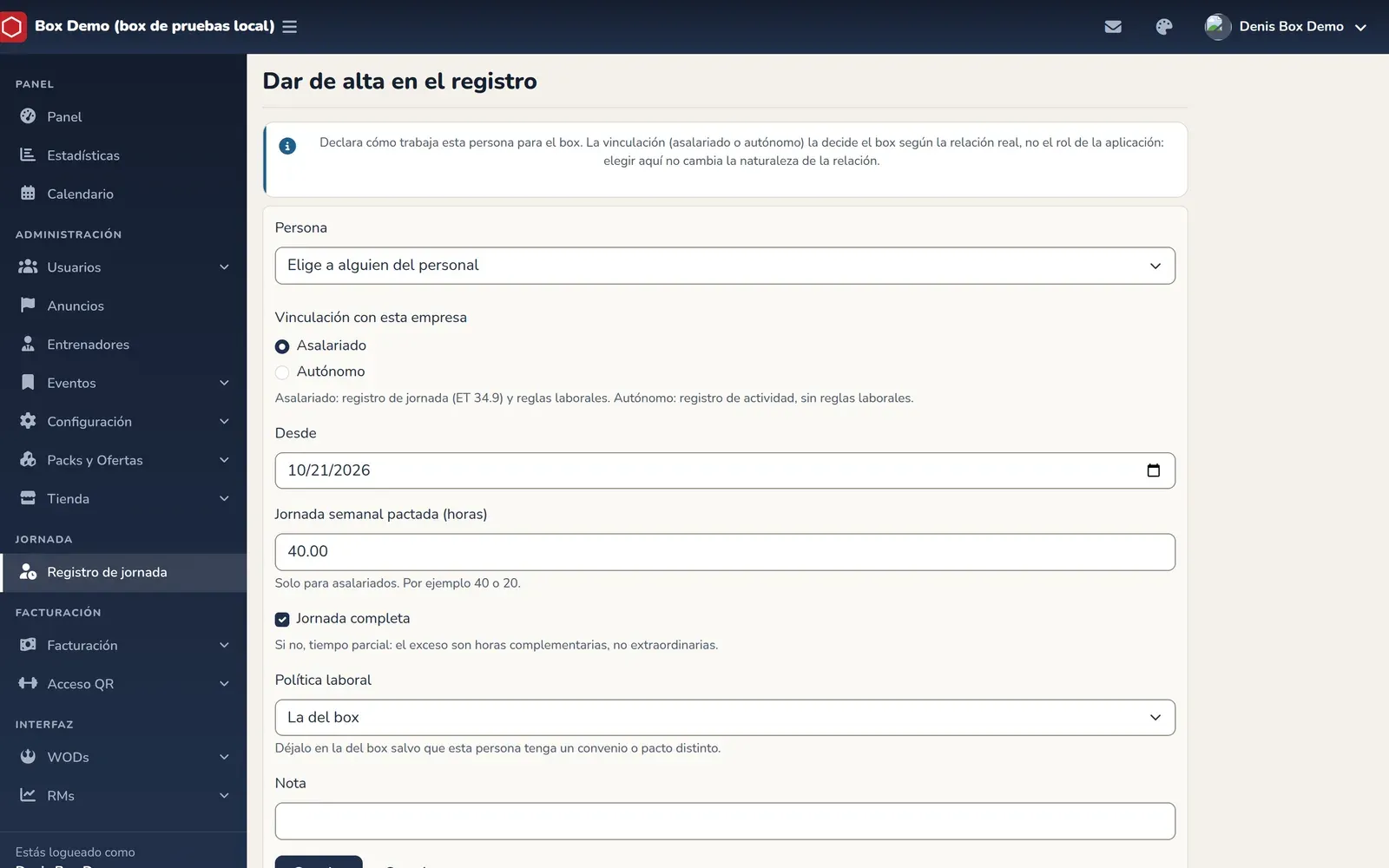 Formulario Dar de alta en el registro con los campos Persona, Vinculación con esta empresa, Desde, Jornada semanal pactada, Jornada completa, Política laboral y Nota