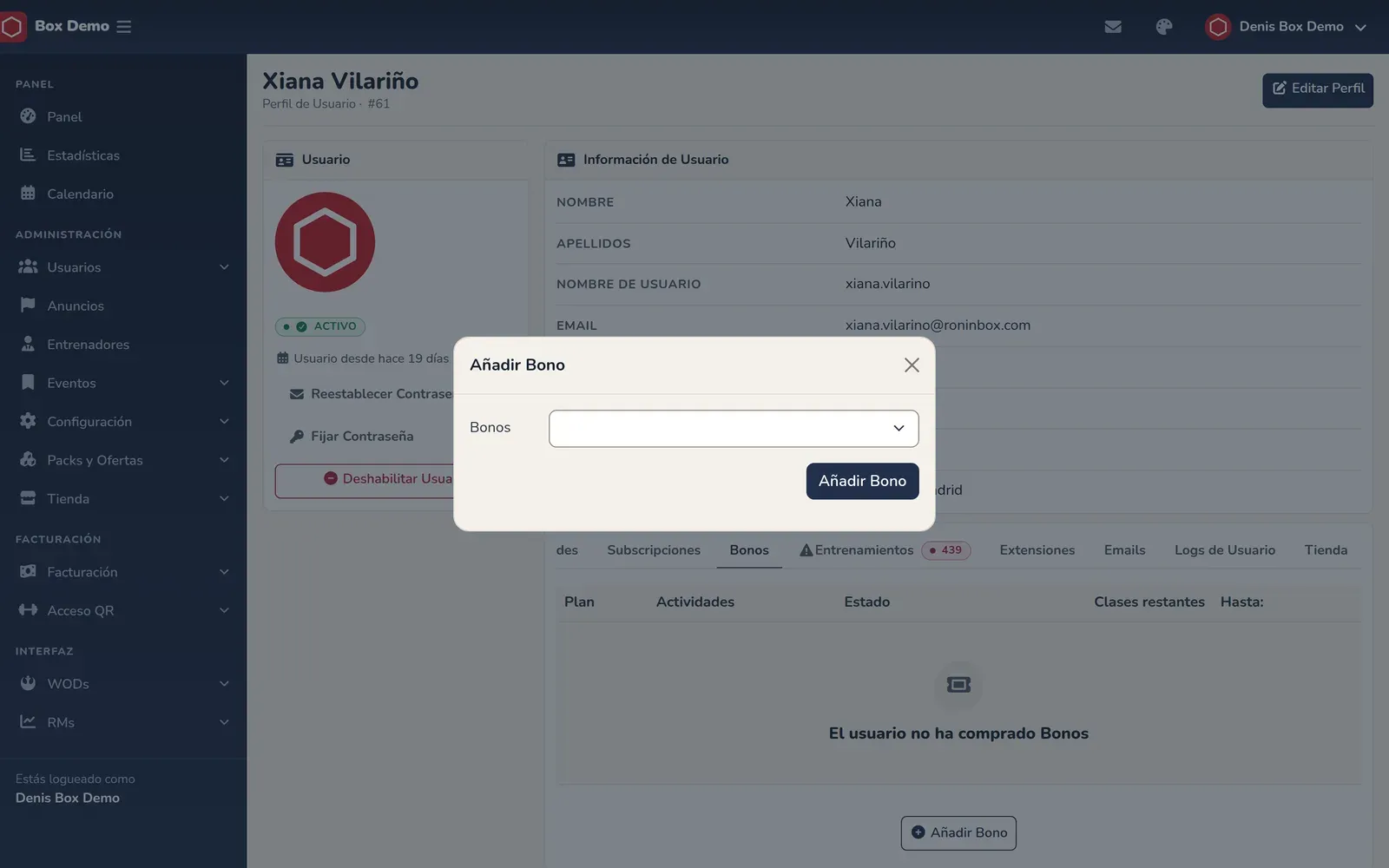 Ventana para añadir un bono con la lista de bonos disponibles