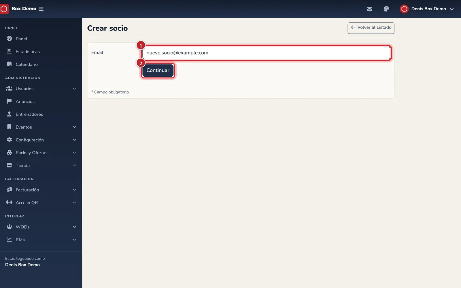 Primer paso de la creación: un único campo de email y el botón Continuar, señalados con los números 1 y 2
