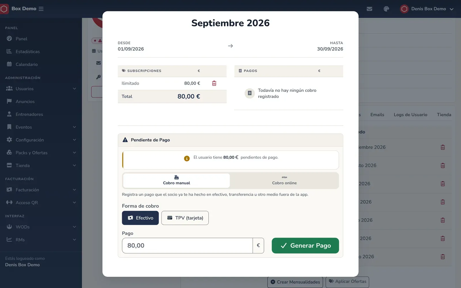 Detalle de una mensualidad pendiente con fechas, tarifa y total a la izquierda, pagos a la derecha y la tarjeta de pendiente de pago con el campo para registrar un pago