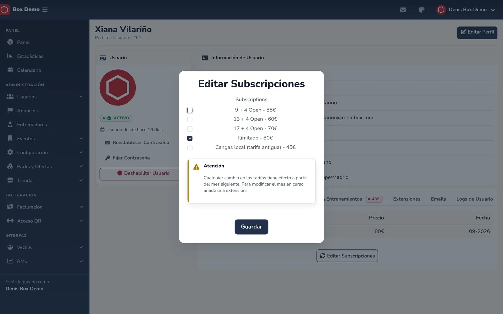Ventana con la lista de tarifas disponibles como casillas y un aviso de que el cambio se aplica el mes siguiente