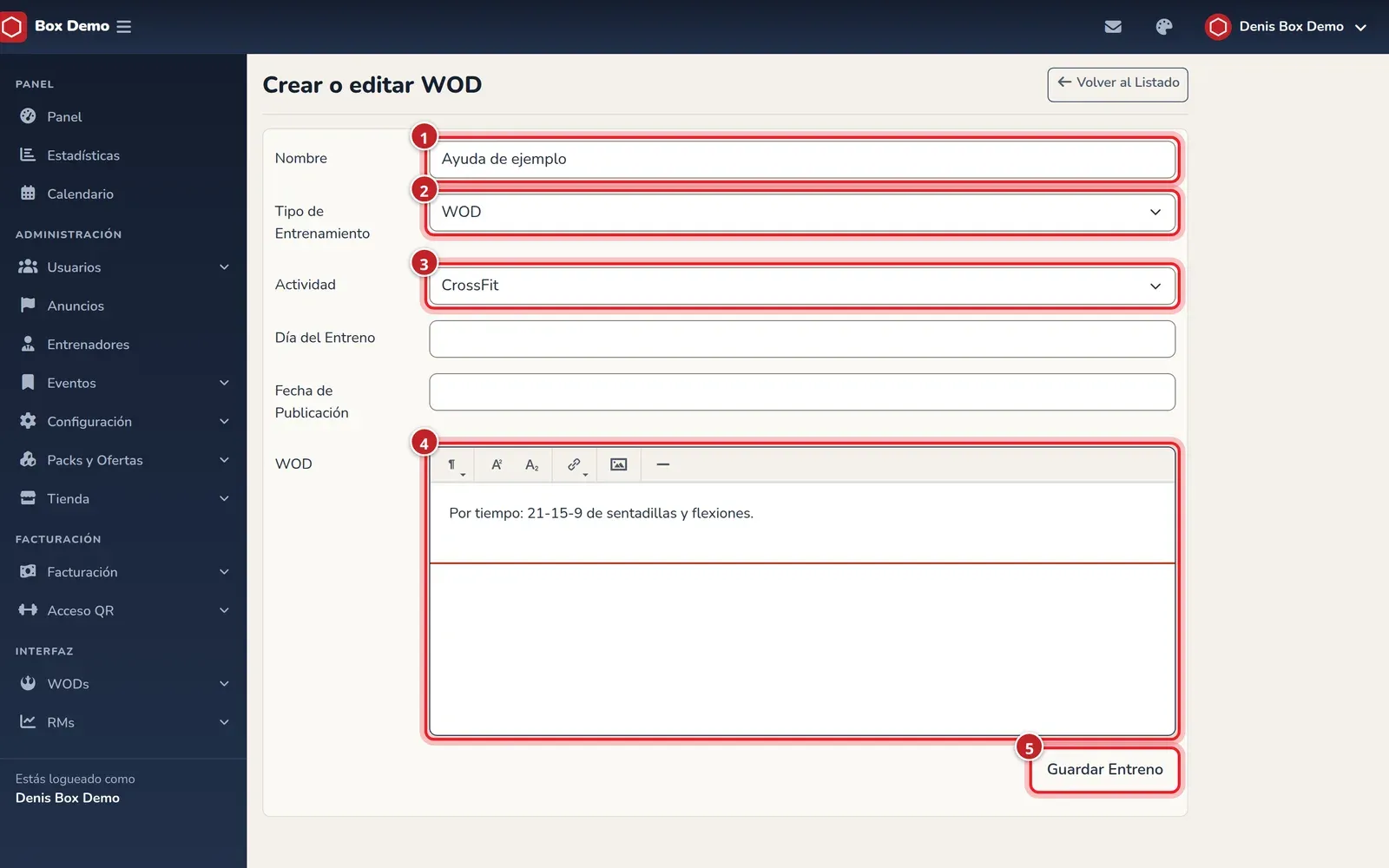 Formulario de WOD con nombre, tipo, actividad, día, fecha de publicación, texto y botón Guardar Entreno numerados del 1 al 5