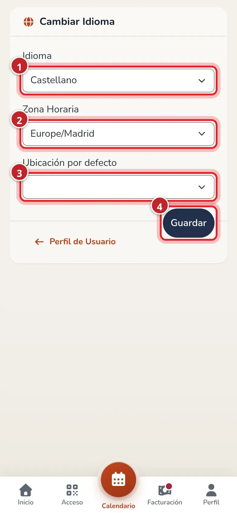 Pantalla Cambiar Idioma con los selectores de idioma, zona horaria y ubicación por defecto y el botón Guardar numerados del 1 al 4