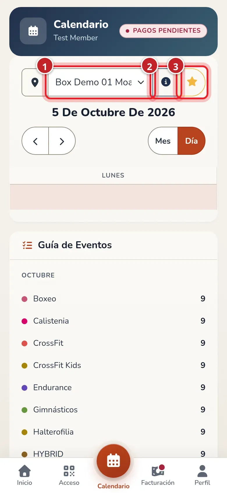 Selector de ubicación del calendario con la lista, el icono de información y la estrella señalados con los números 1, 2 y 3