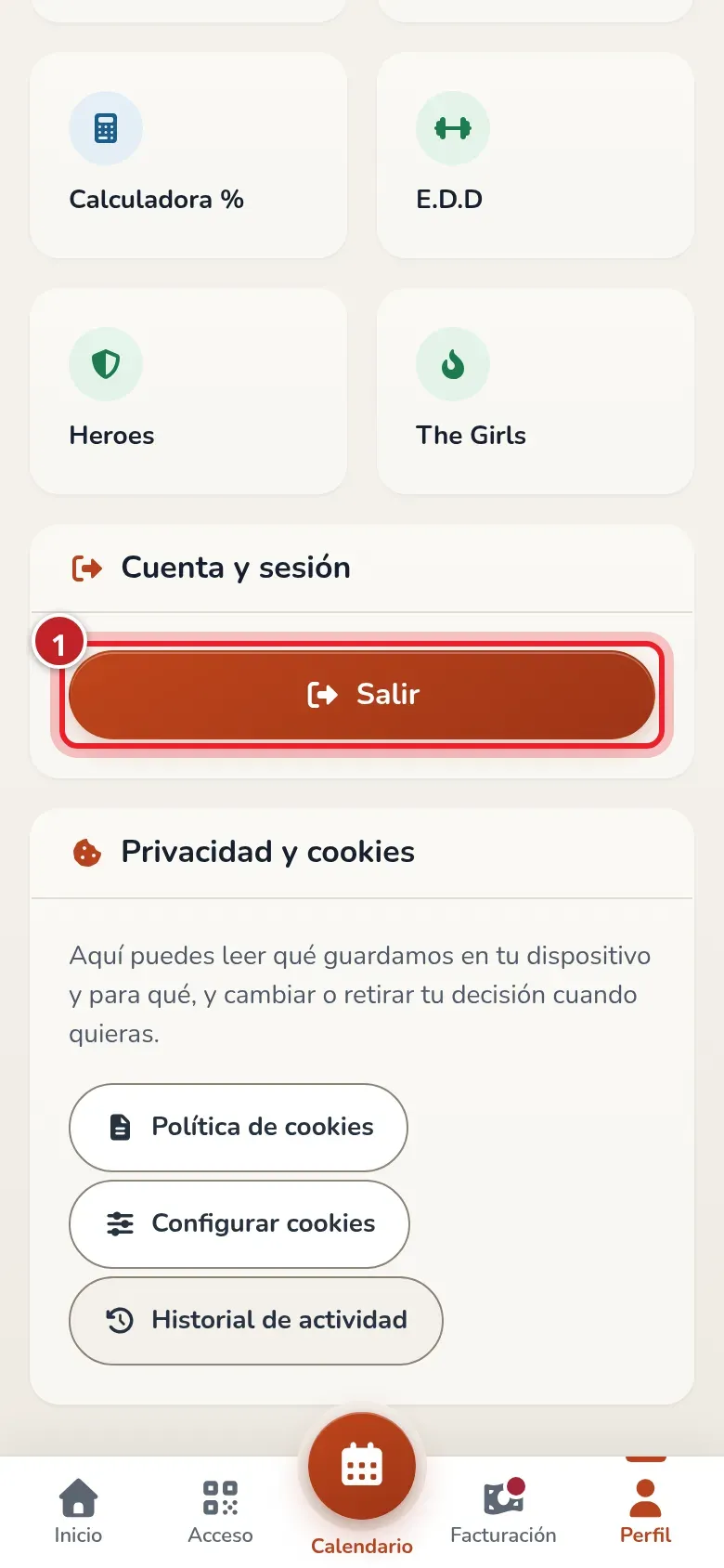 Final de la pantalla Perfil con los accesos directos, la tarjeta Cuenta y sesión con el botón Salir señalado y la tarjeta Privacidad y cookies