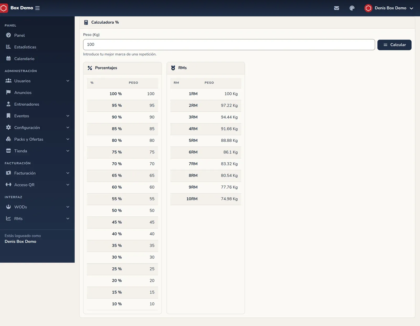 Calculadora de porcentajes con el peso introducido, la tabla de porcentajes y la tabla de RMs