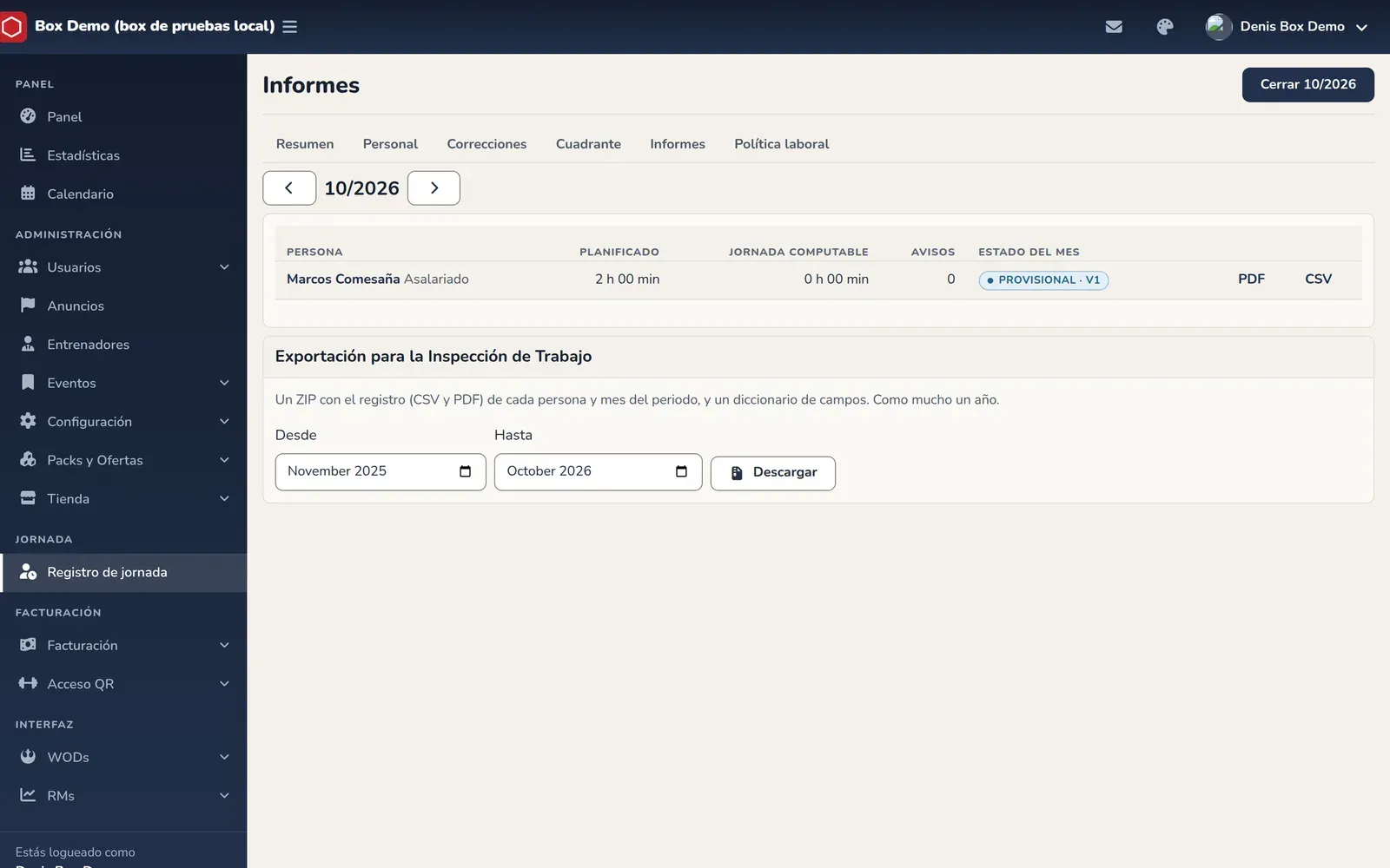 Pestaña Informes con la tabla del mes, una persona con sus enlaces PDF y CSV, el botón Cerrar del mes arriba y el bloque Exportación para la Inspección de Trabajo con las fechas Desde y Hasta