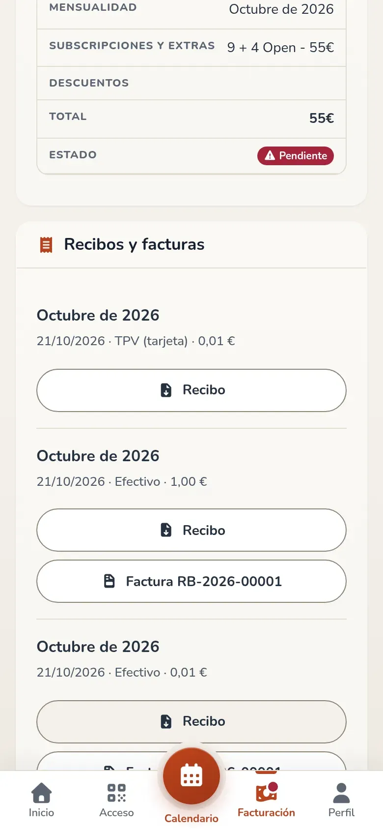 Faturação no telemóvel com a secção de recibos e faturas: cada pagamento com a data, forma de pagamento e valor, o botão do recibo e, num deles, o botão da fatura