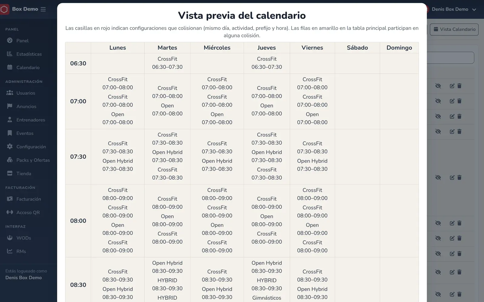Ventana con la vista previa semanal del horario, horas en filas y días en columnas